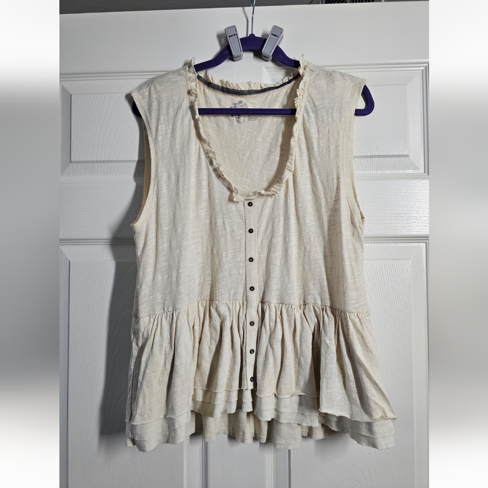 Anthropologie Cream Ruffle Button-Down Top